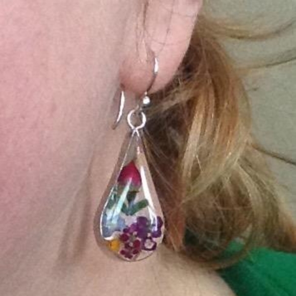 Sterling Silver Pressed Flower Teardrop Earrings A - Picture 4 of 4
